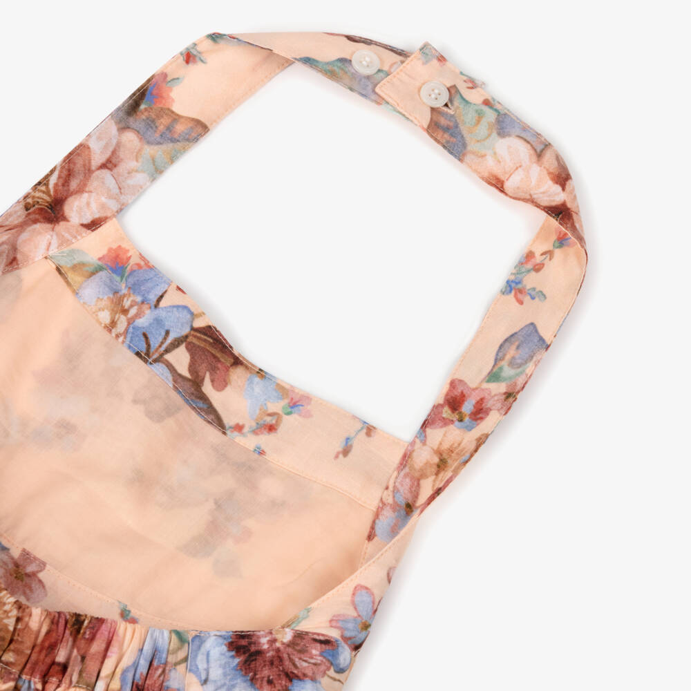 Zimmermann-Girls Peach Pink Floral Cotton Halterneck Dress | Childrensalon