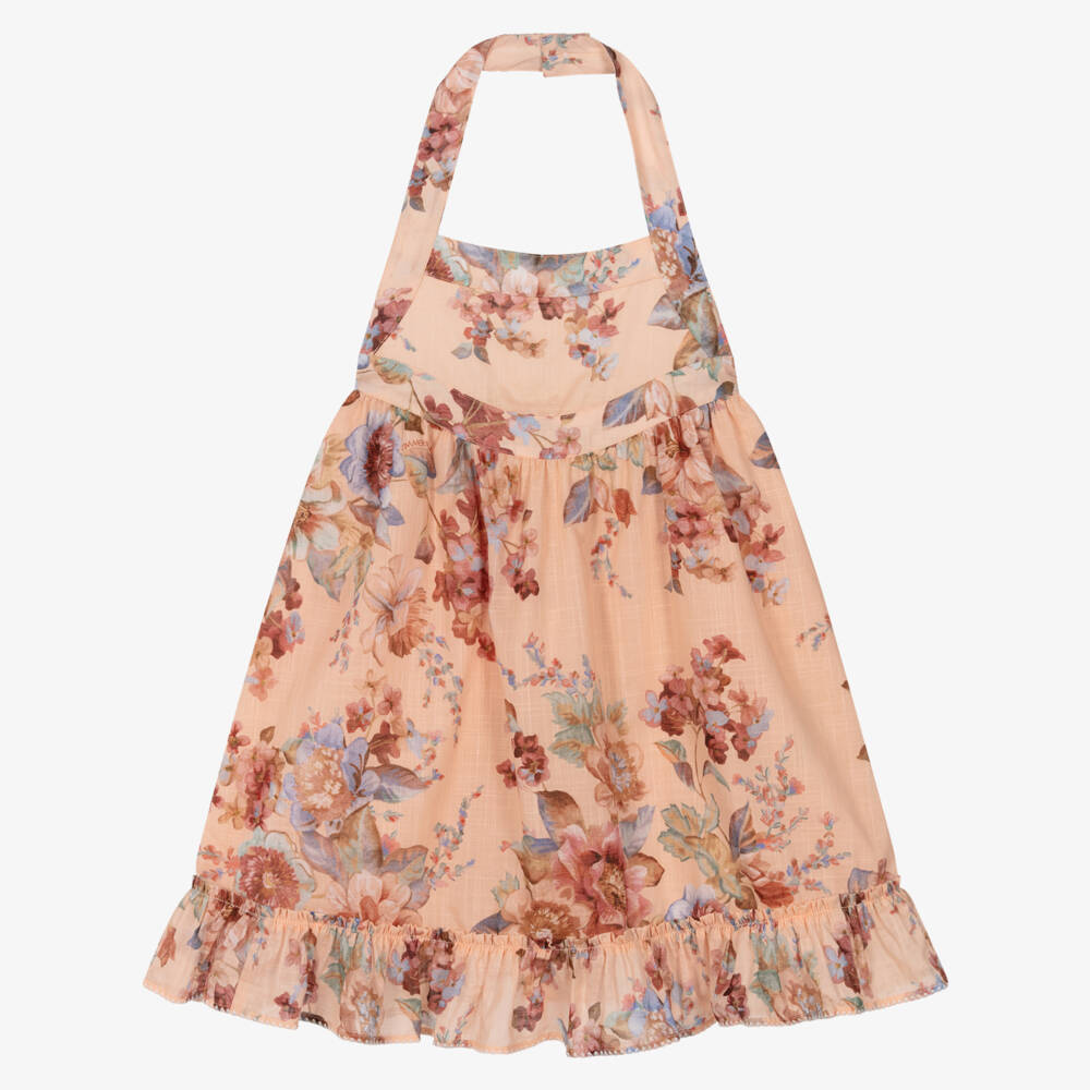 Zimmermann-Girls Peach Pink Floral Cotton Halterneck Dress | Childrensalon