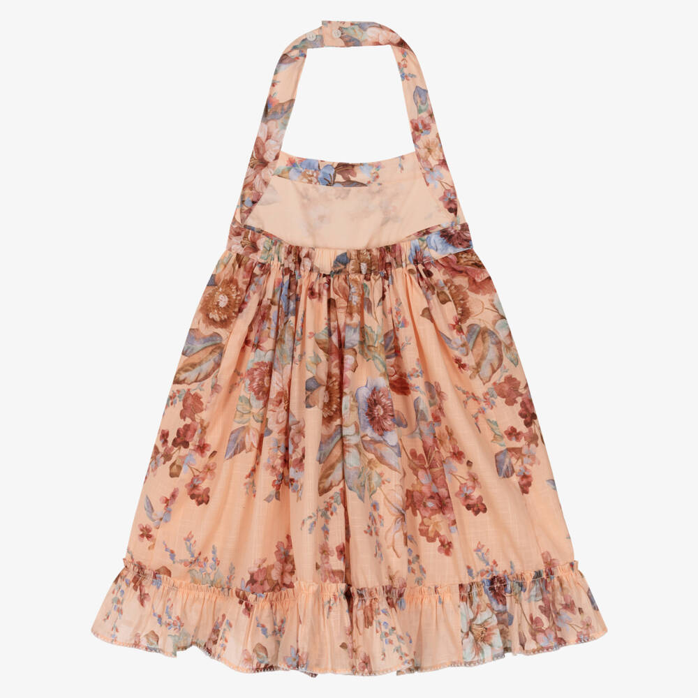 Zimmermann-Girls Peach Pink Floral Cotton Halterneck Dress | Childrensalon