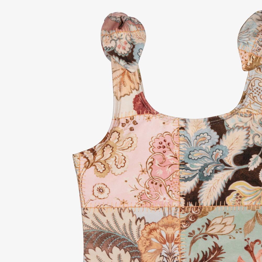 Zimmermann-Girls Pink & Beige Patchwork Floral Swimsuit | Childrensalon