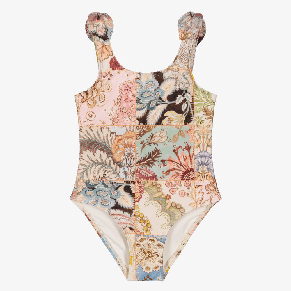 Zimmermann-Купальник розовый и бежевый с цветочным пэчворком для девочек | Childrensalon