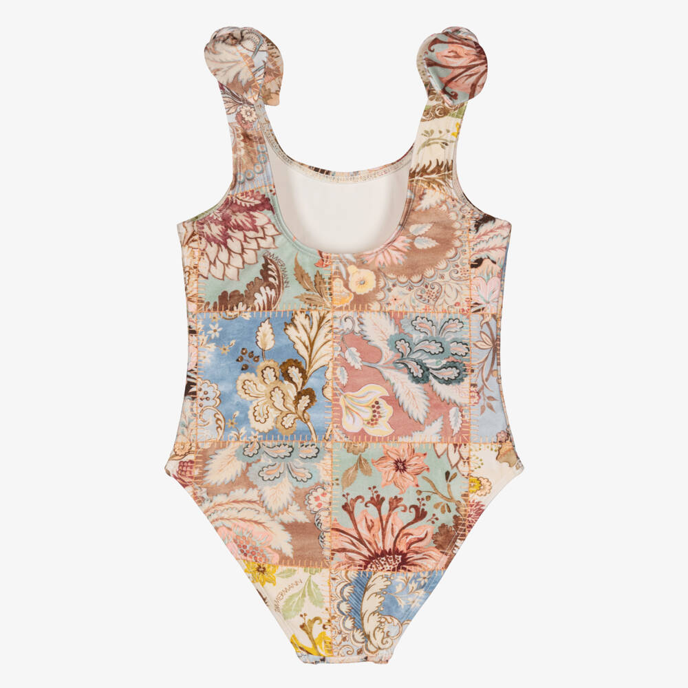 Zimmermann-Girls Pink & Beige Patchwork Floral Swimsuit | Childrensalon
