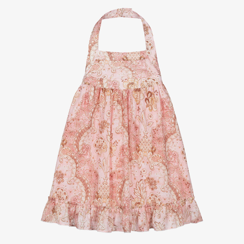 Zimmermann-Girls Pink Floral Cotton Halterneck Dress | Childrensalon