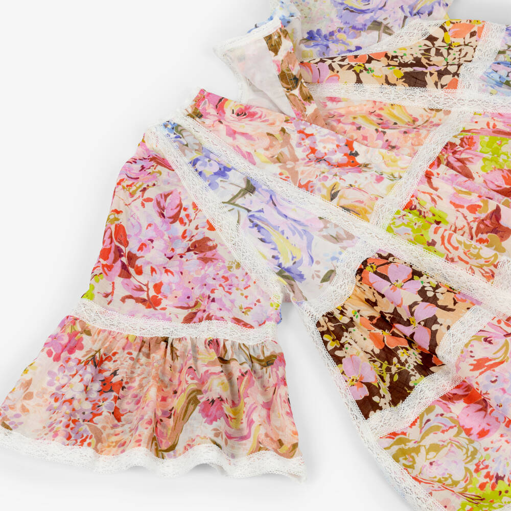 Zimmermann-Girls Pink Floral Patchwork & Lace Cotton Dress | Childrensalon