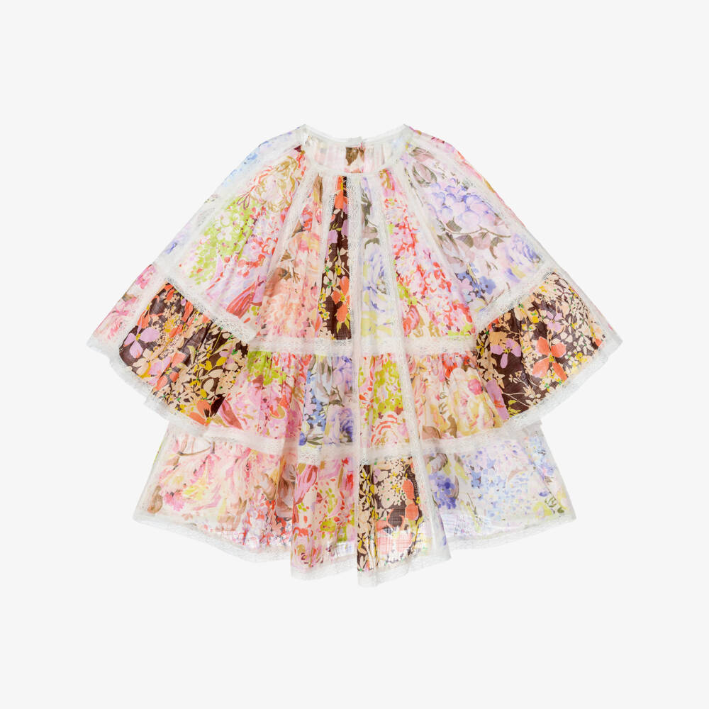 Zimmermann-Girls Pink Floral Patchwork & Lace Cotton Dress | Childrensalon