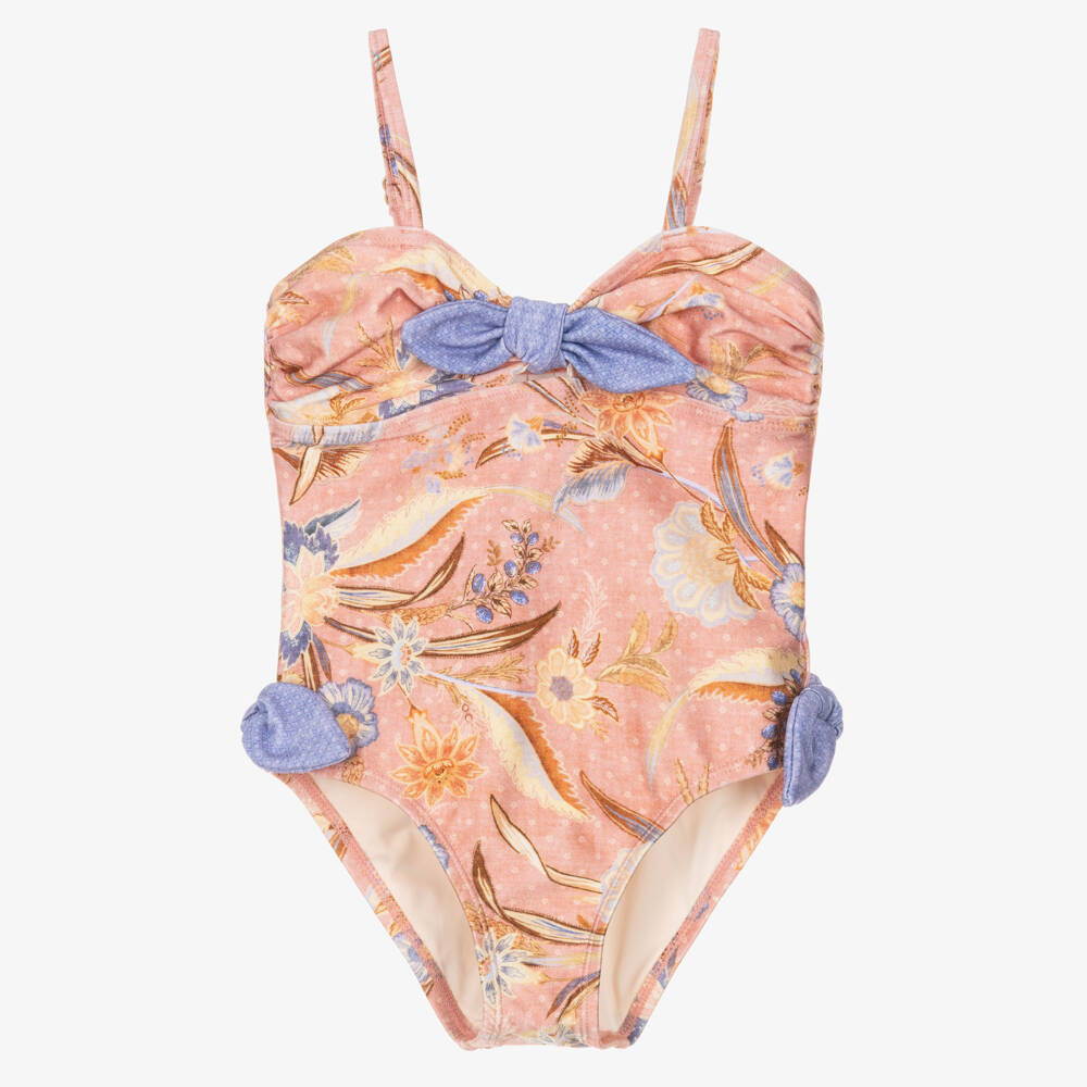 Zimmermann-Girls Pink Floral Print Swimsuit with Lilac Bows | Childrensalon