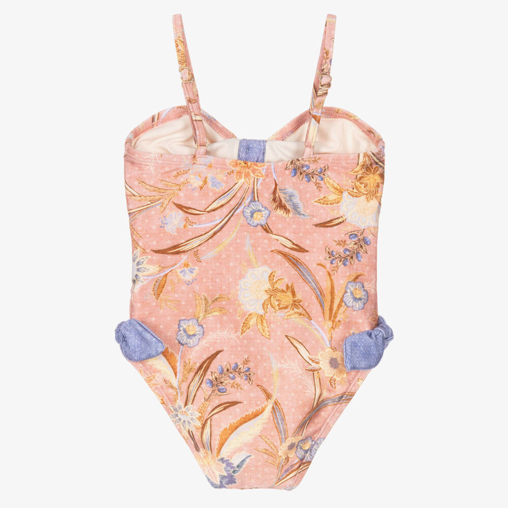 Zimmermann-Girls Pink Floral Print Swimsuit with Lilac Bows | Childrensalon