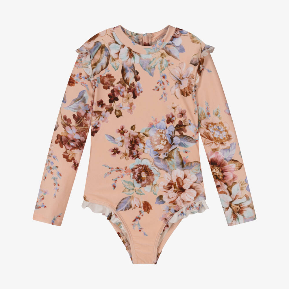 Zimmermann-Girls Pink Vintage Floral Long Sleeve Swimsuit | Childrensalon