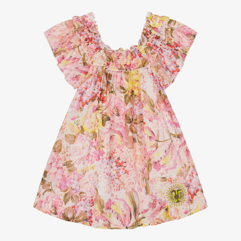Zimmermann-Girls Pink Watercolour Floral Print Cotton Dress | Childrensalon