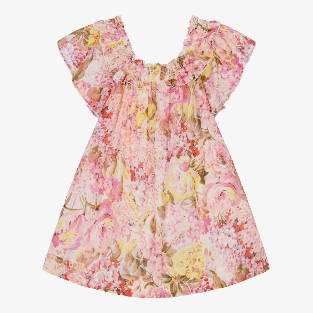 Zimmermann-Girls Pink Watercolour Floral Print Cotton Dress | Childrensalon