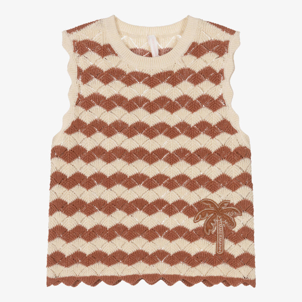 Zimmermann-Girls Tan & Beige Crochet Top | Childrensalon