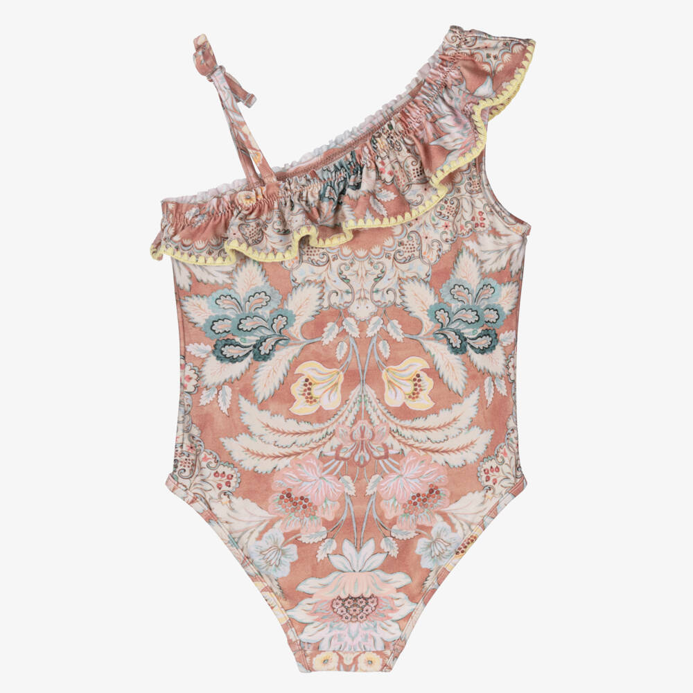 Zimmermann-Girls Terracotta Pink Floral Asymmetric Swimsuit | Childrensalon