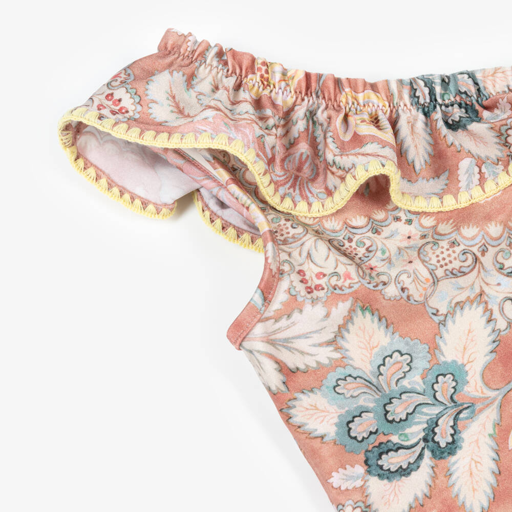 Zimmermann-Girls Terracotta Pink Floral Asymmetric Swimsuit | Childrensalon