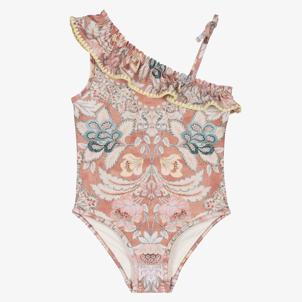 Zimmermann-Купальник асимметричный терракотово-розовый с цветами для девочек | Childrensalon