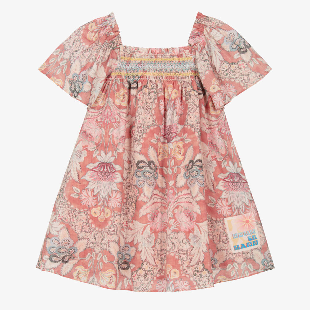 Zimmermann-Girls Terracotta Pink Floral Cotton Shirred Dress  | Childrensalon