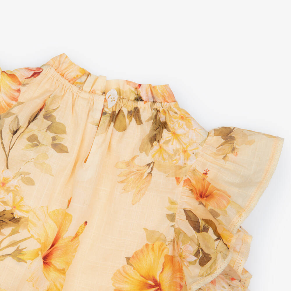 Zimmermann-Girls Yellow Cotton Dress with Hibiscus Print | Childrensalon