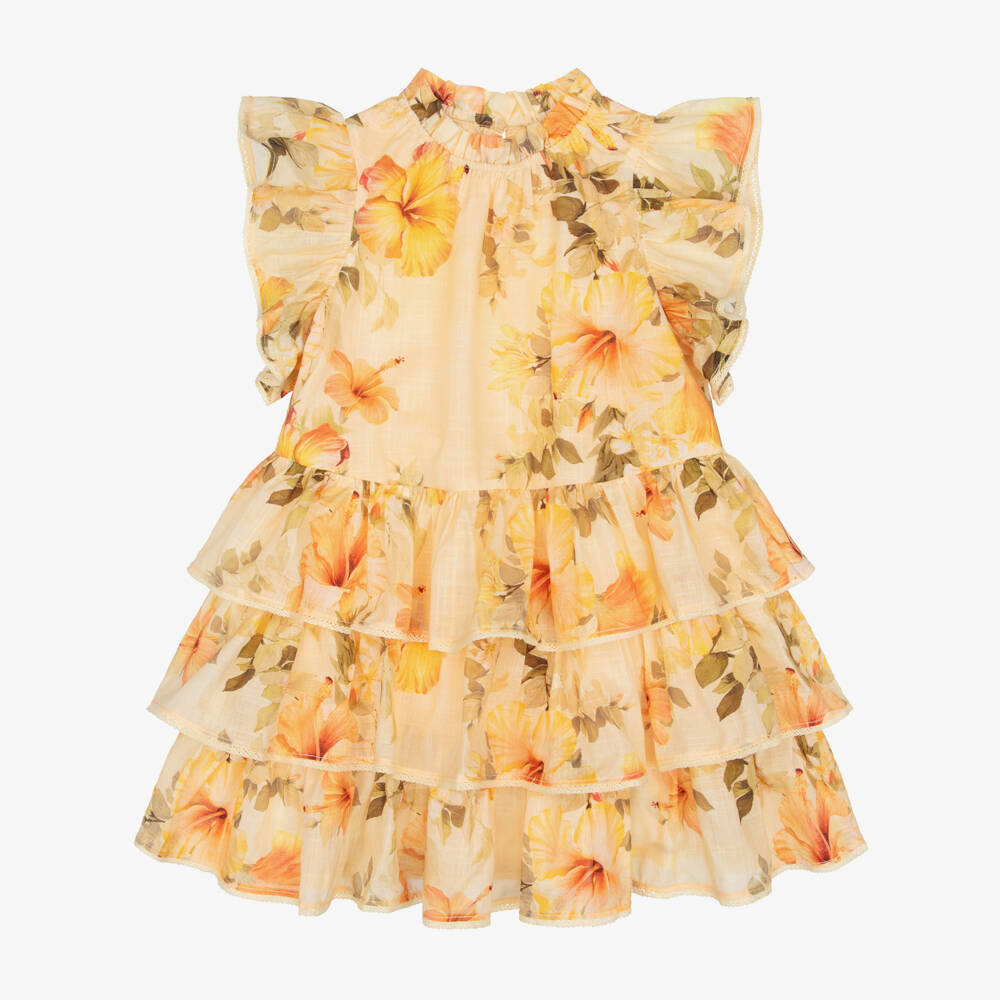 Zimmermann-Girls Yellow Cotton Dress with Hibiscus Print | Childrensalon