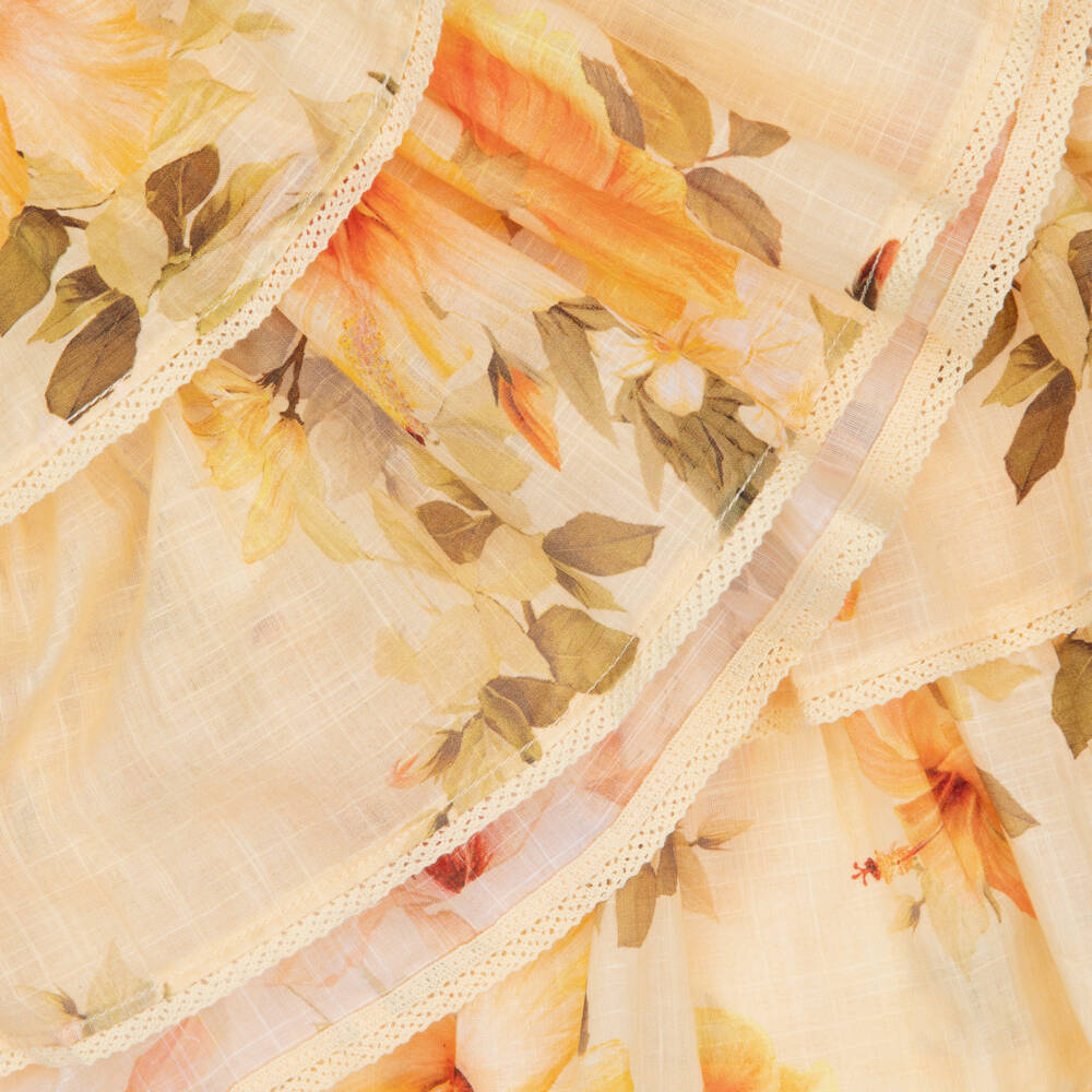 Zimmermann-Girls Yellow Cotton Dress with Hibiscus Print | Childrensalon