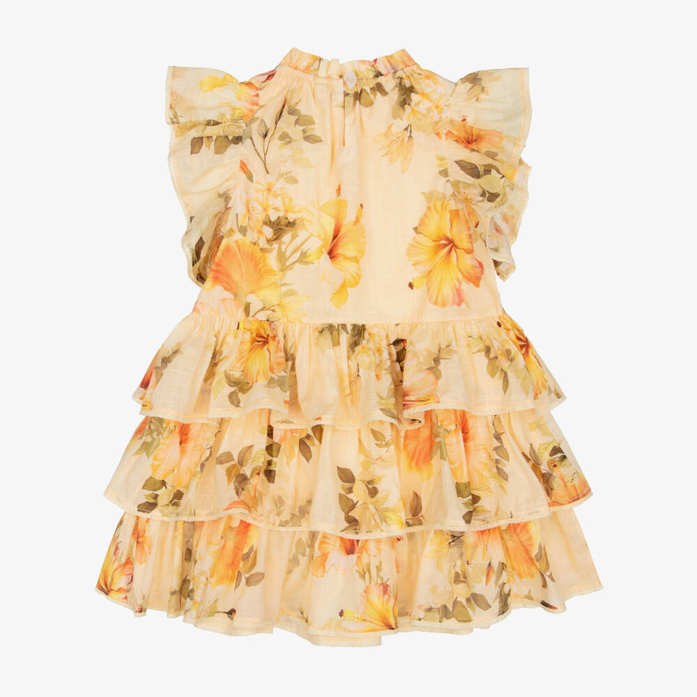 Zimmermann-Girls Yellow Cotton Dress with Hibiscus Print | Childrensalon