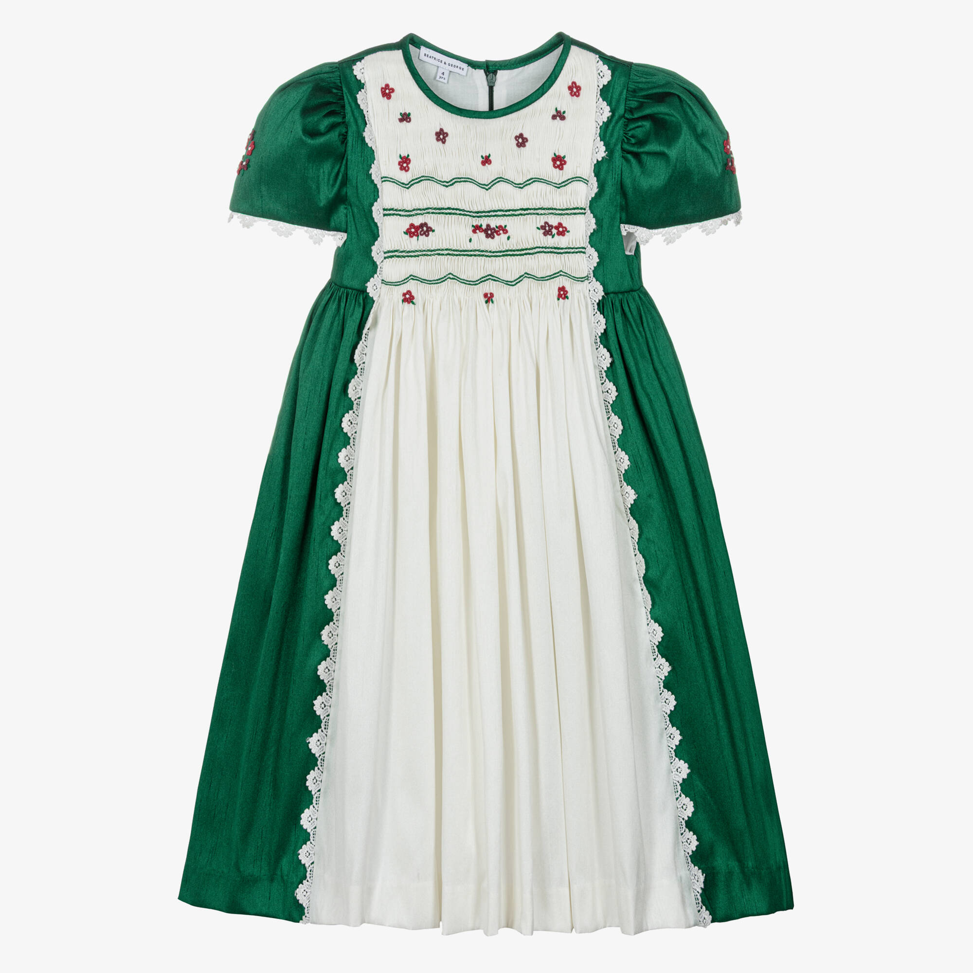 Beatrice & George Girls Green & Ivory Hand-Smocked Dupion Dress