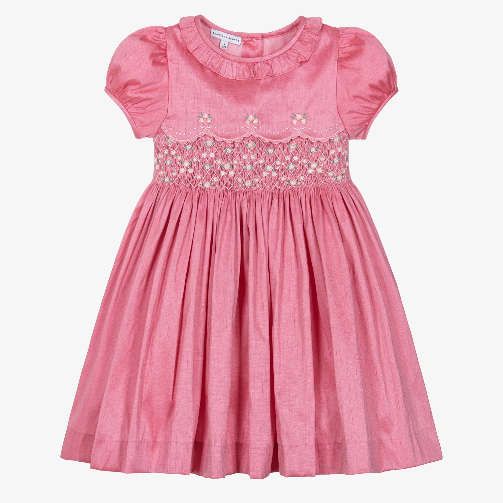 Beatrice & George - Girls Raspberry Pink Hand-Smocked Dupion Dress |  Childrensalon