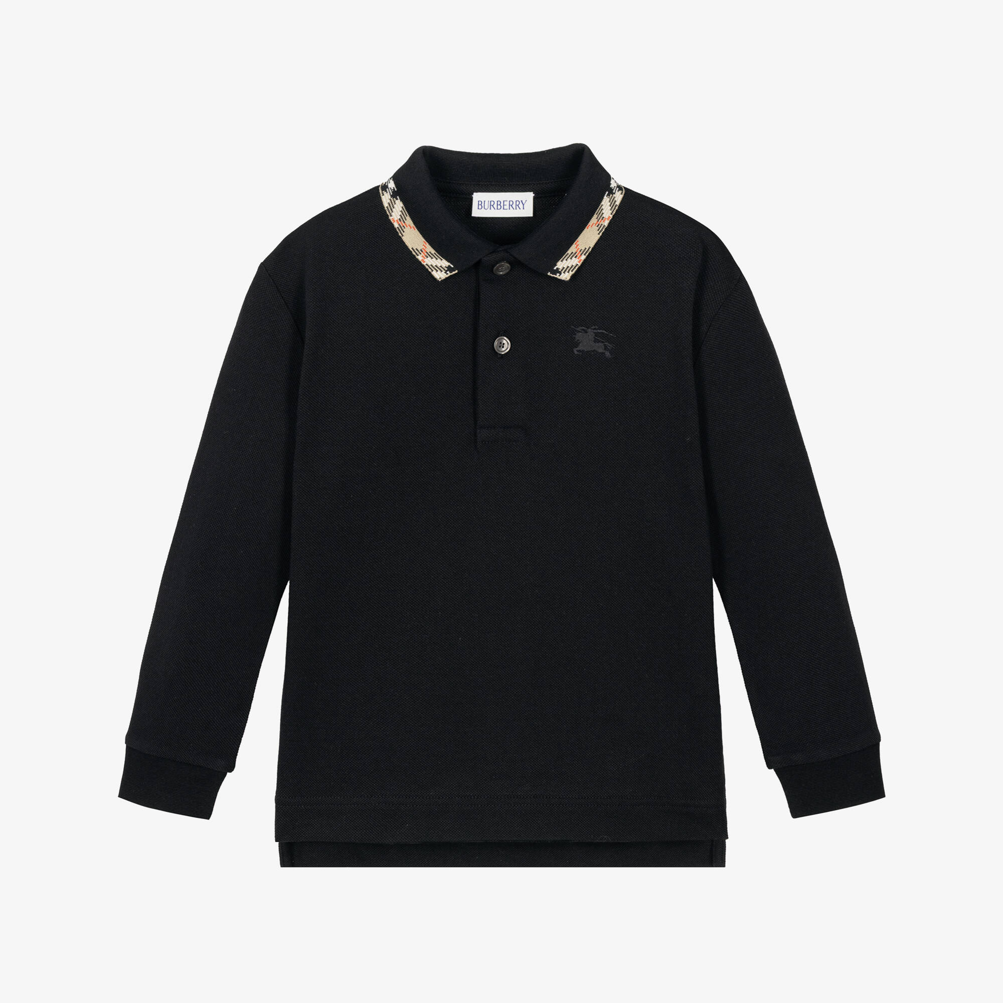 Burberry - Boys Black Piqué Long Sleeve Polo Shirt with Check
