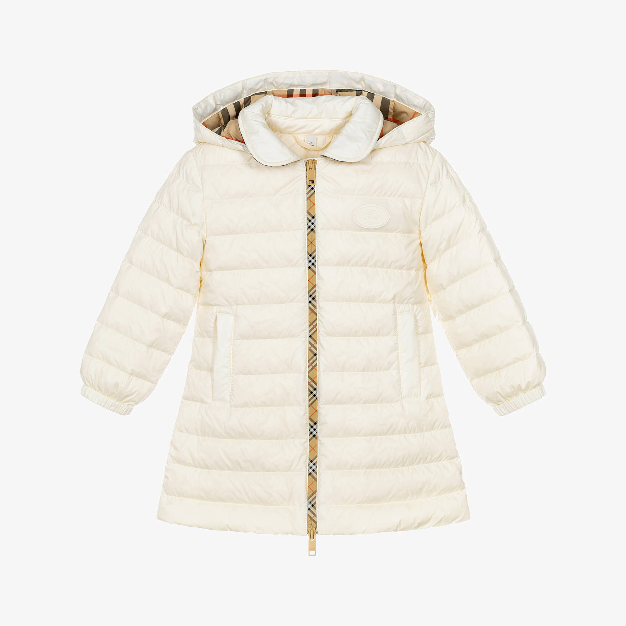Burberry - Girls Ivory Puffer Coat with Beige Check Zip