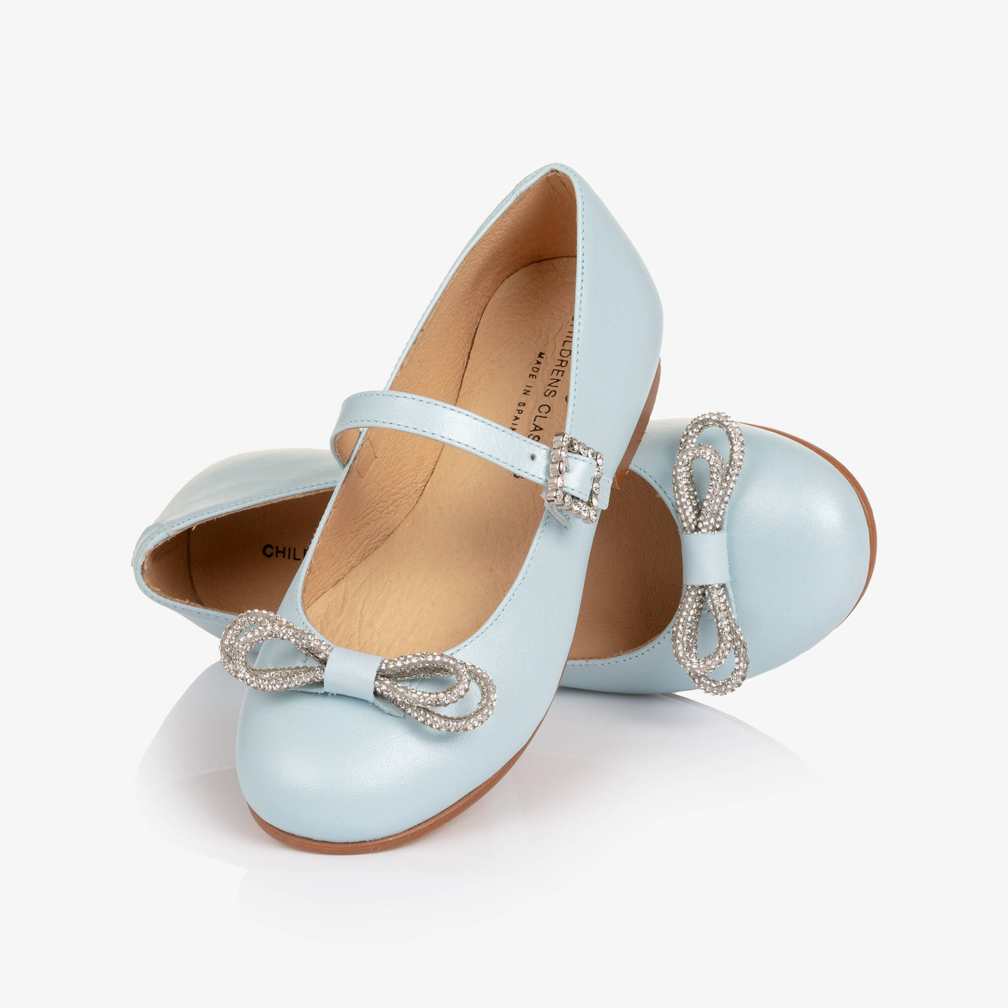 Children's Classics - Girls Pale Blue Leather Pumps with Diamanté Bows ...