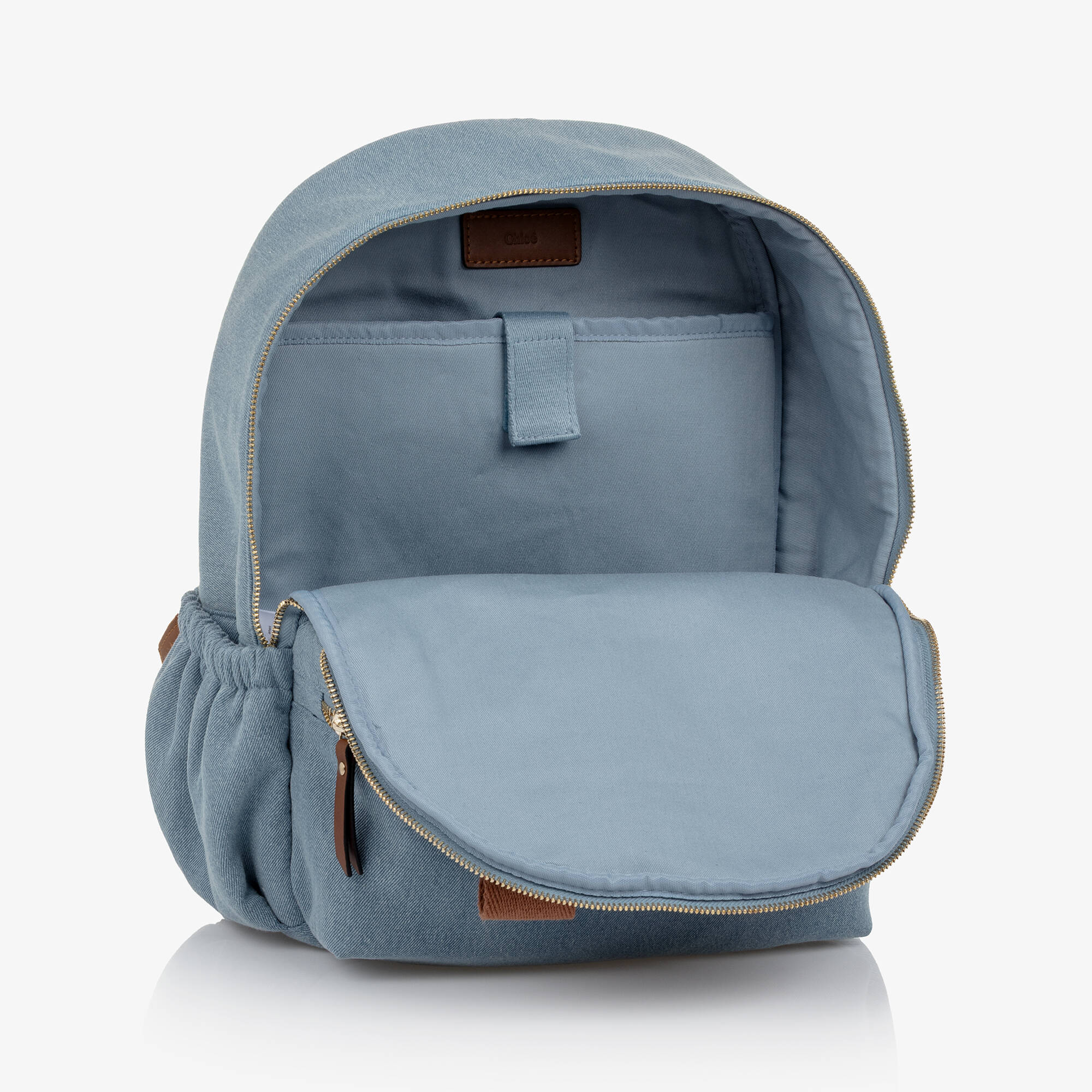 Chloé - Girls Blue Denim Backpack with Brown Trims (37cm) | Childrensalon