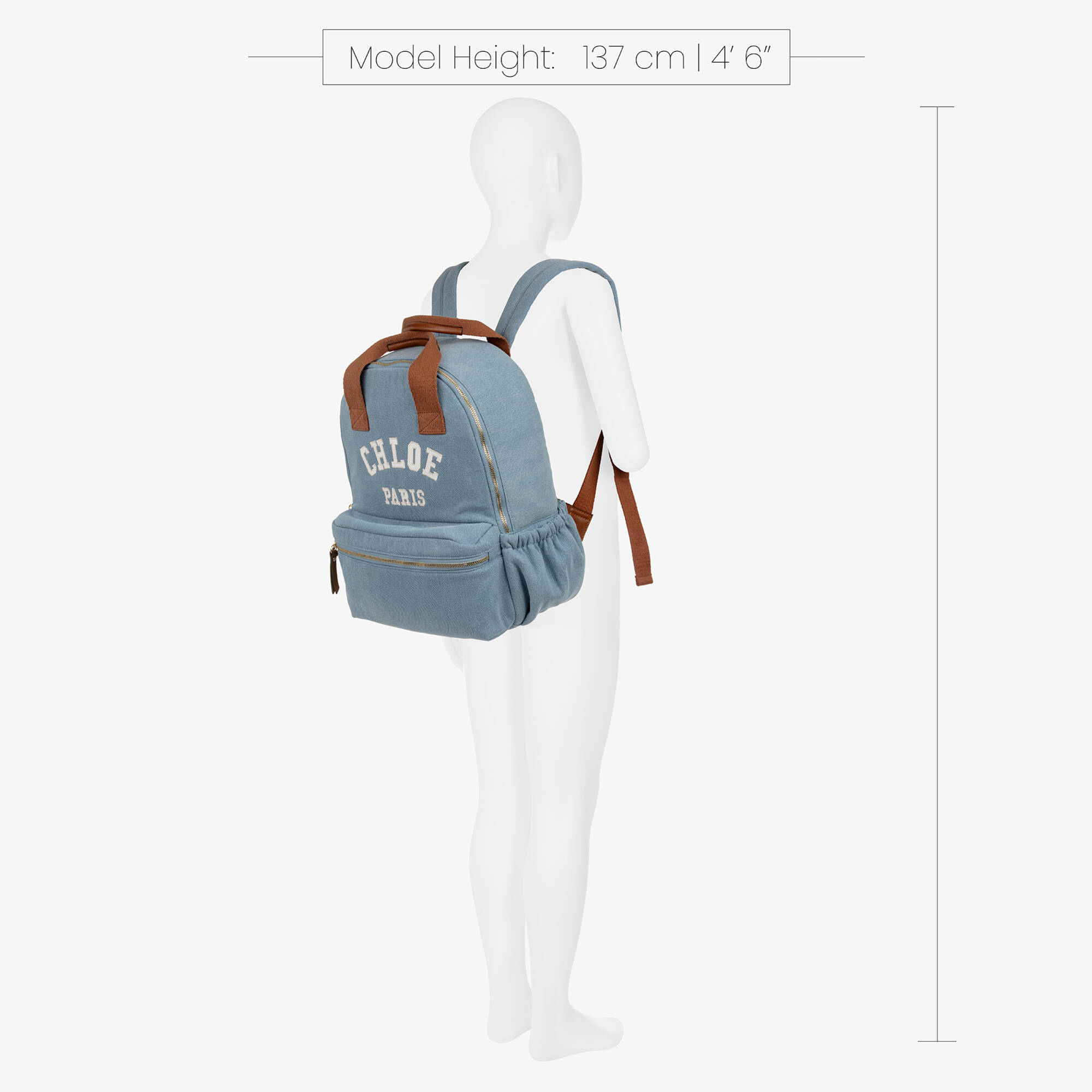 Chloé - Girls Blue Denim Backpack with Brown Trims (37cm) | Childrensalon