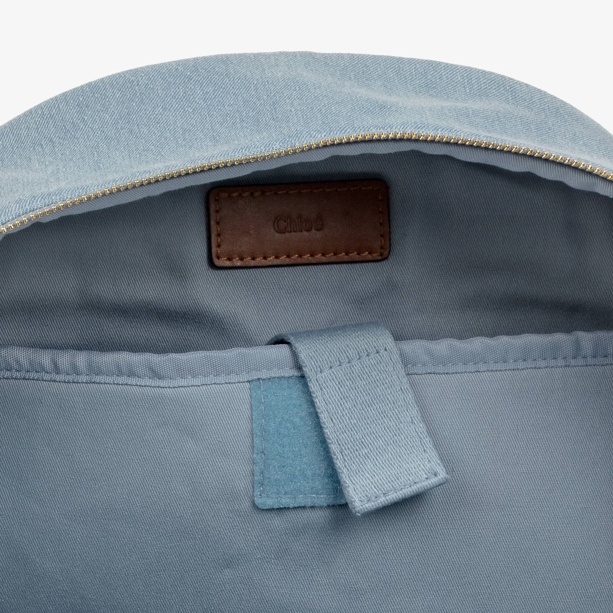 Chloé - Girls Blue Denim Backpack with Brown Trims (37cm) | Childrensalon