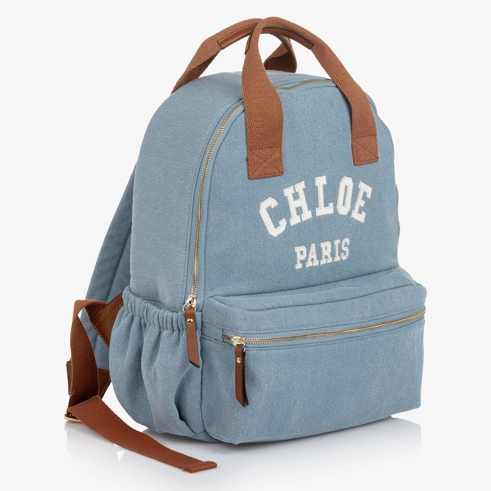 Chloé - Girls Blue Denim Backpack with Brown Trims (37cm) | Childrensalon