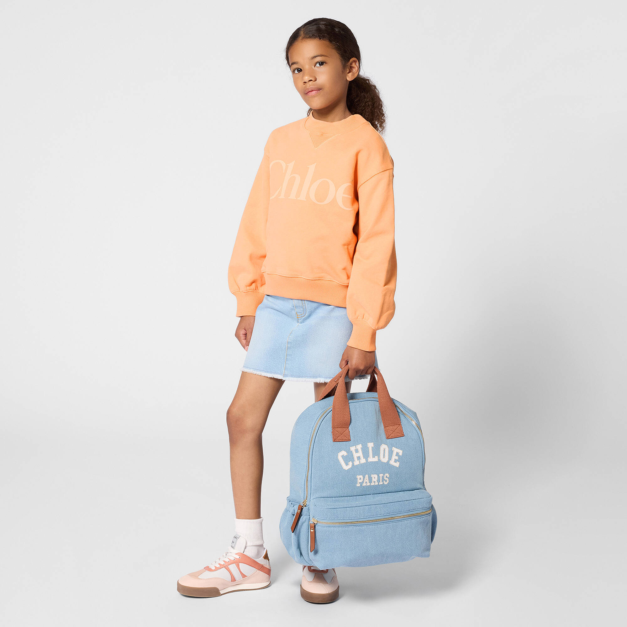 Chloé - Girls Blue Denim Backpack with Brown Trims (37cm) | Childrensalon