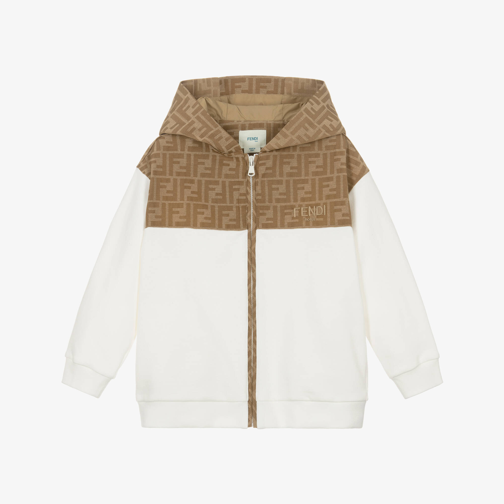 Fendi ベージュ ジップアップ ブルゾン Fendi - Boys Ivory & Beige Cotton Zip-Up Hoodie | Childrensalon