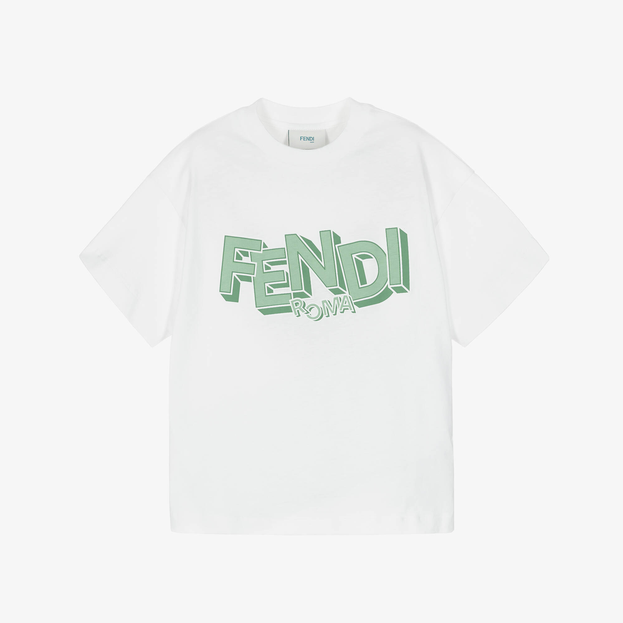 Fendi - Boys White Cotton T-Shirt with Green 3D Logo | Childrensalon