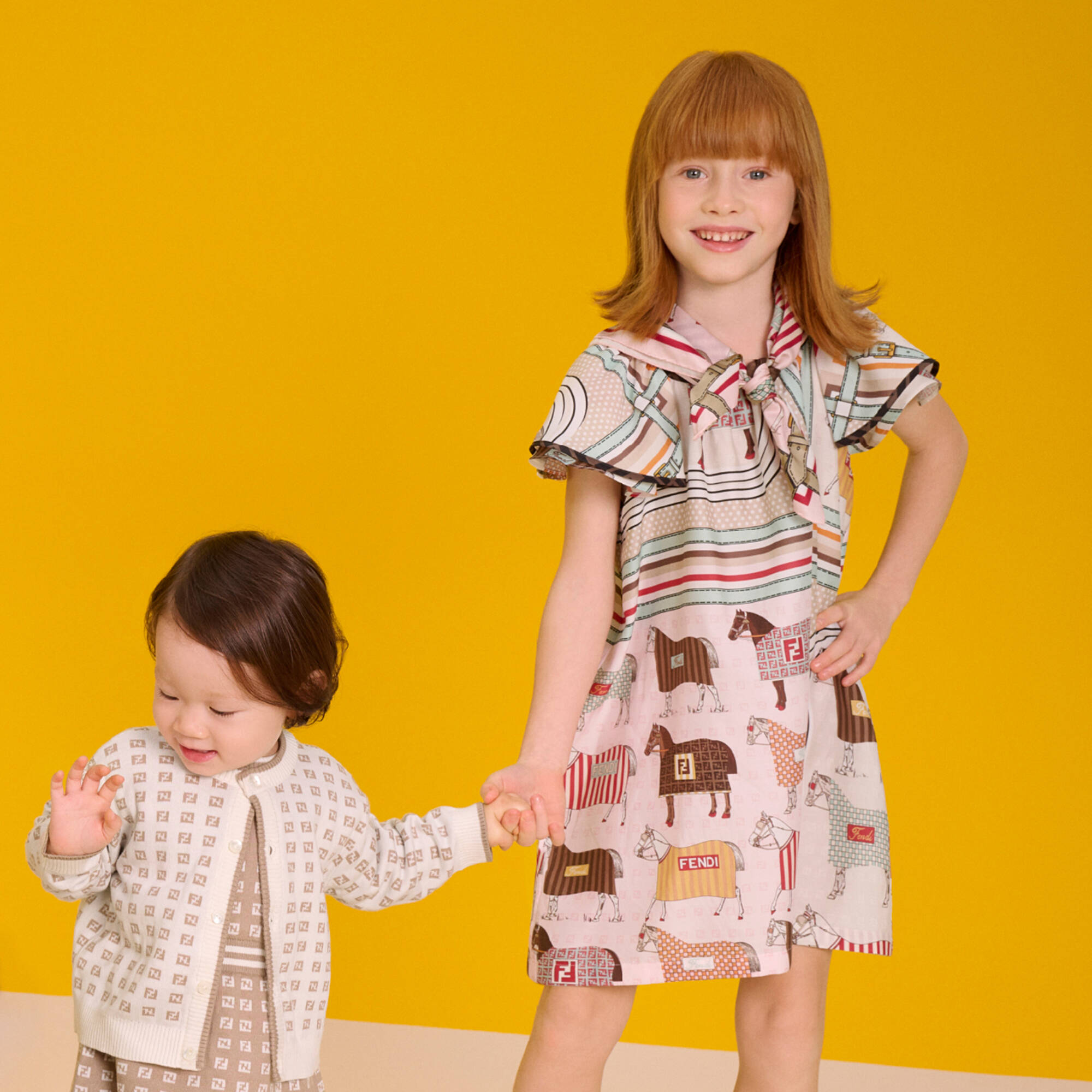 Fendi - Girls Pink & Beige Satin Horse Print Dress | Childrensalon