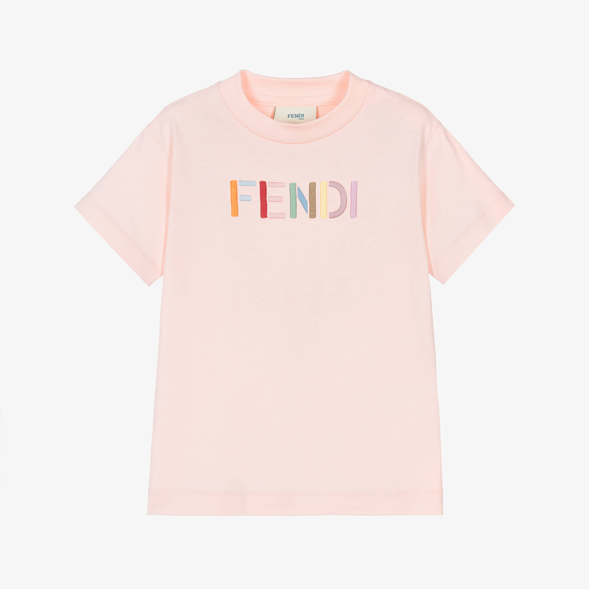 Fendi - Girls Pink Cotton Crew Neck T-Shirt with Colourful Logo