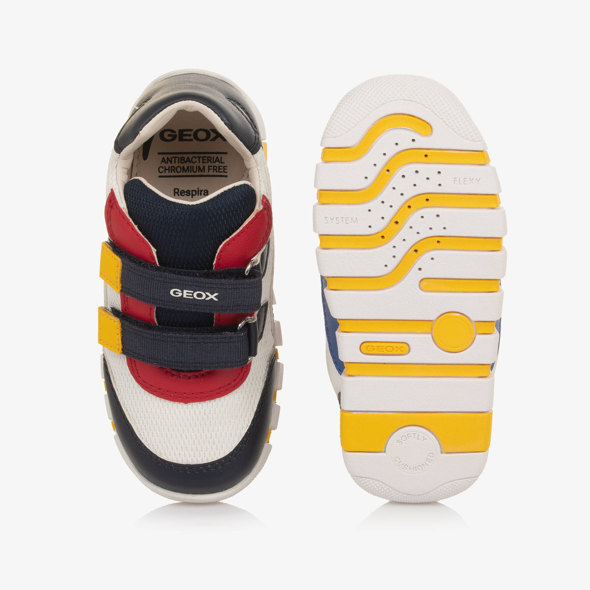 Geox - Boys White Mesh & Multicolour Faux Leather Trainers | Childrensalon