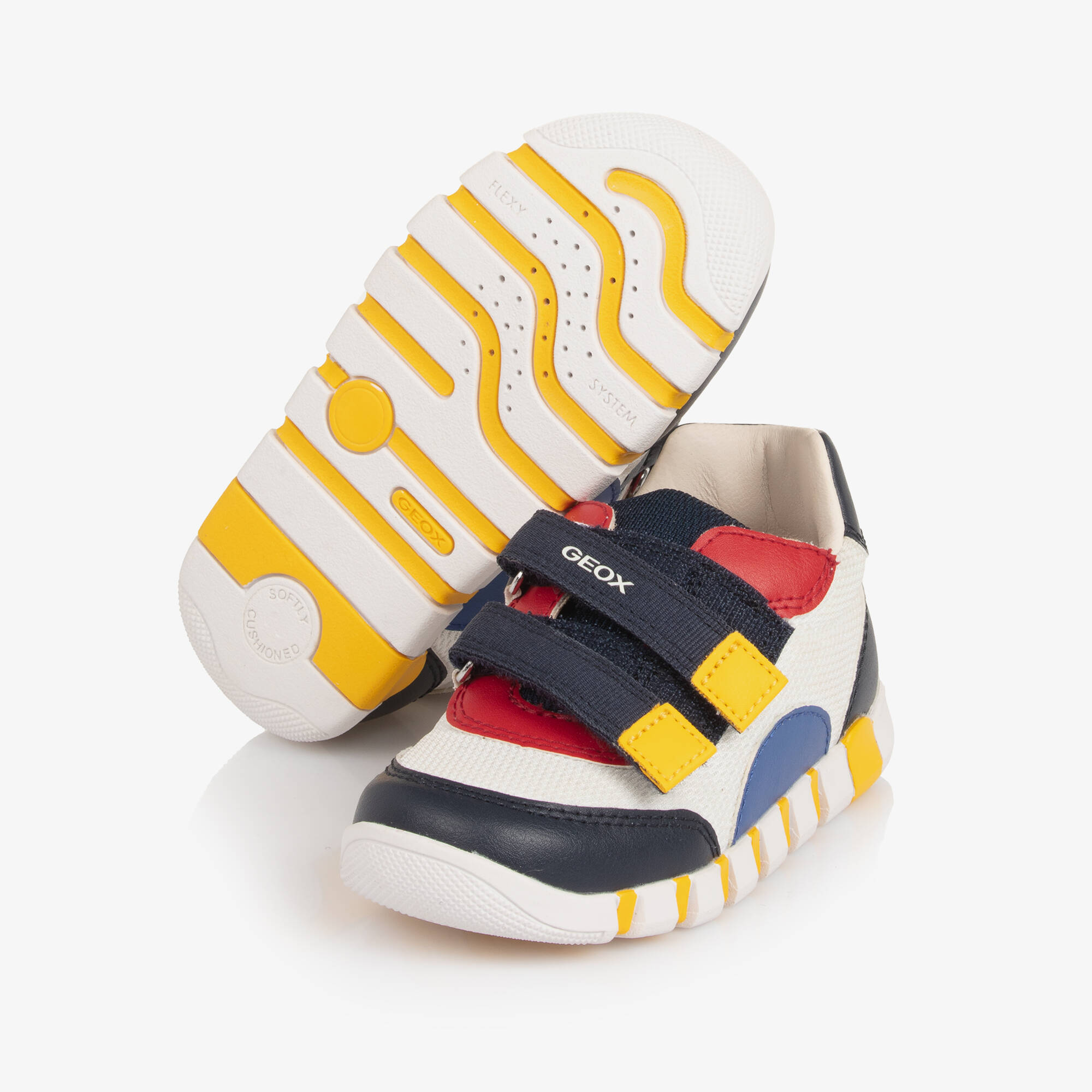Geox - Boys White Mesh & Multicolour Faux Leather Trainers | Childrensalon