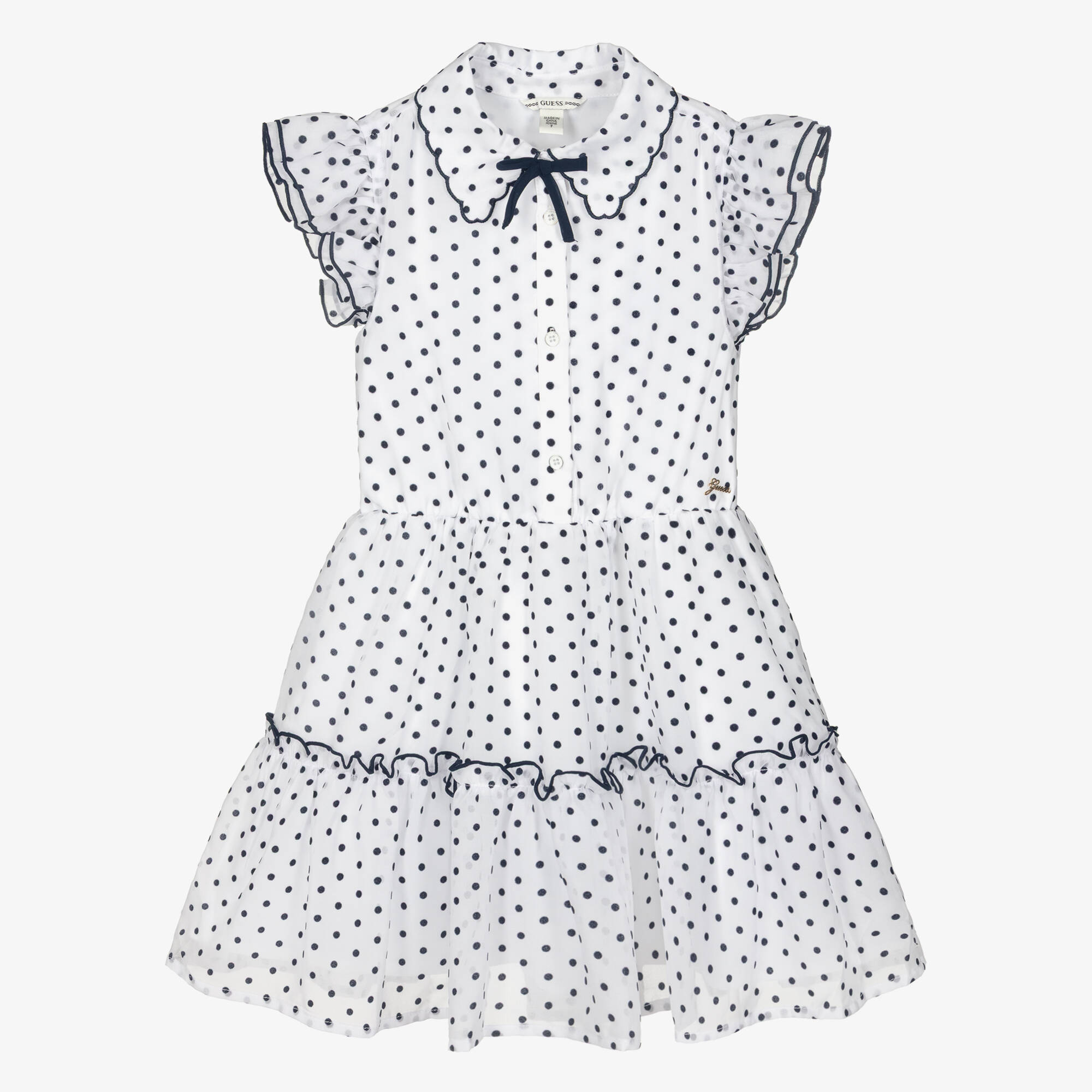 guess blue chiffon polka dot dress Guess - Older Girls White Chiffon Dress with Navy Blue Polka Dots