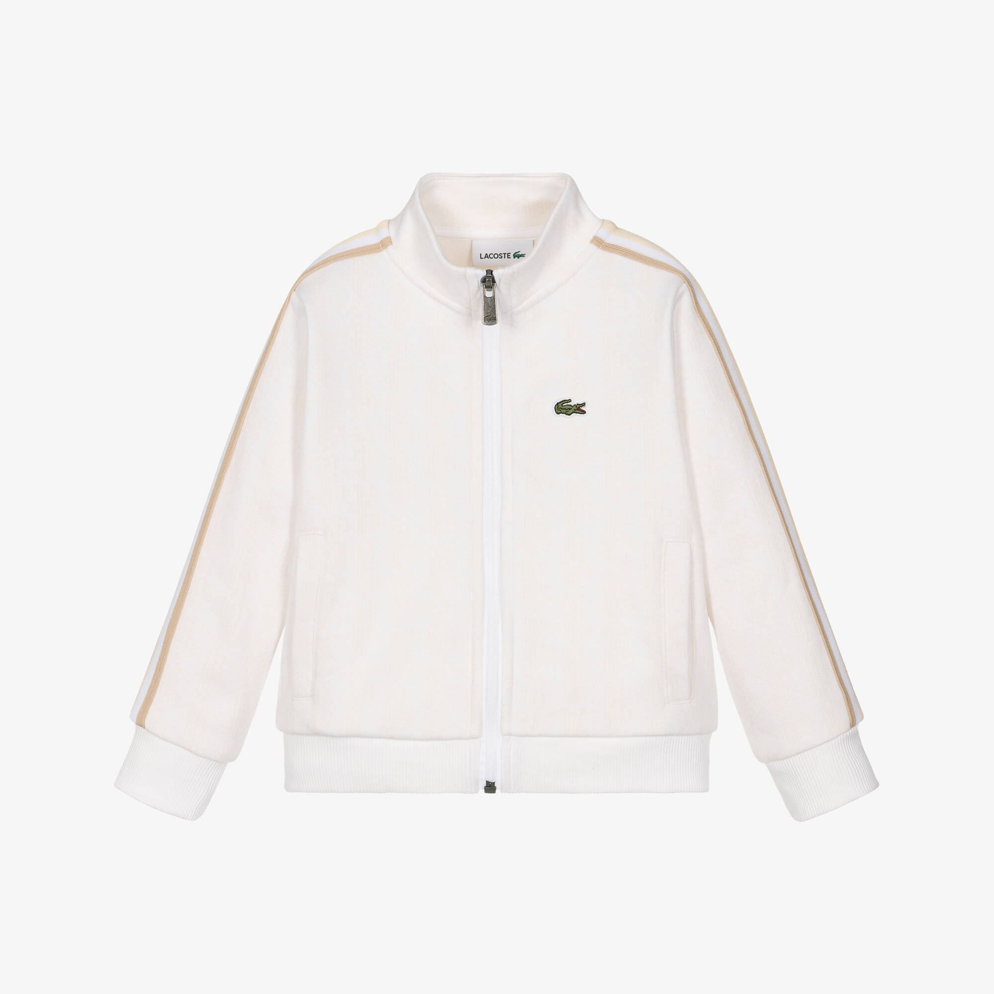 Lacoste - Boys Ivory Jacquard Petit Piqué Monogram Logo Zip-Up Top