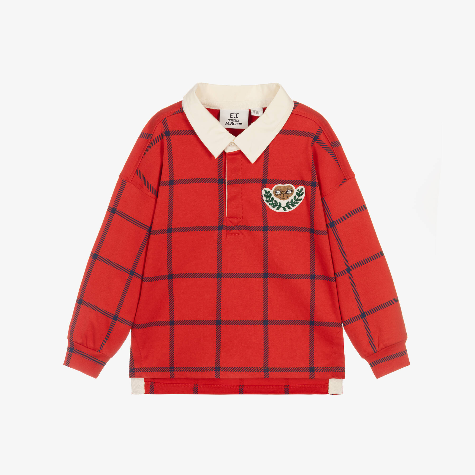 Mini Rodini - Red & Blue Check Cotton Rugby Shirt with Embroidered E.T ...