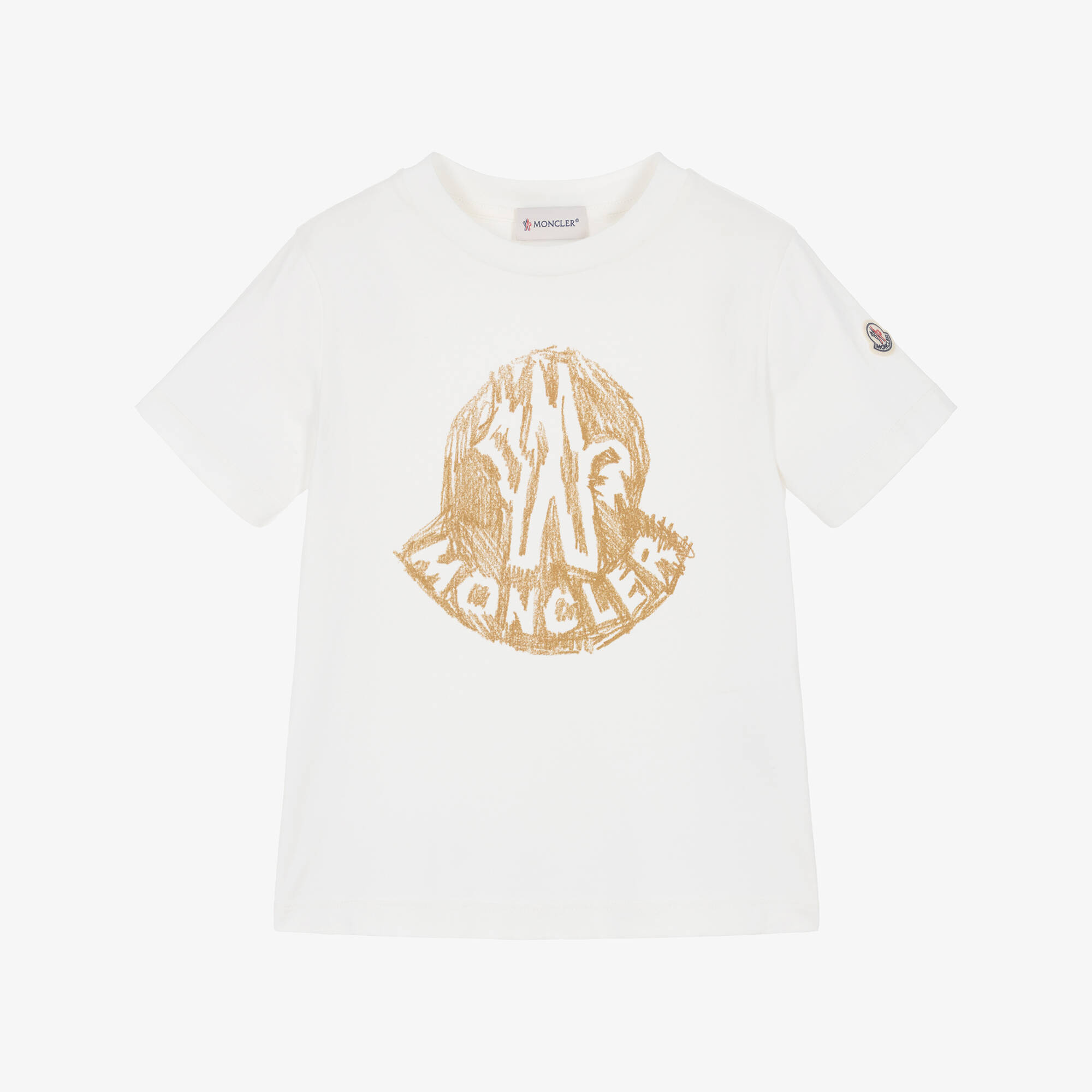 Moncler Enfant - Boys White Cotton T-Shirt with Beige Logo Print