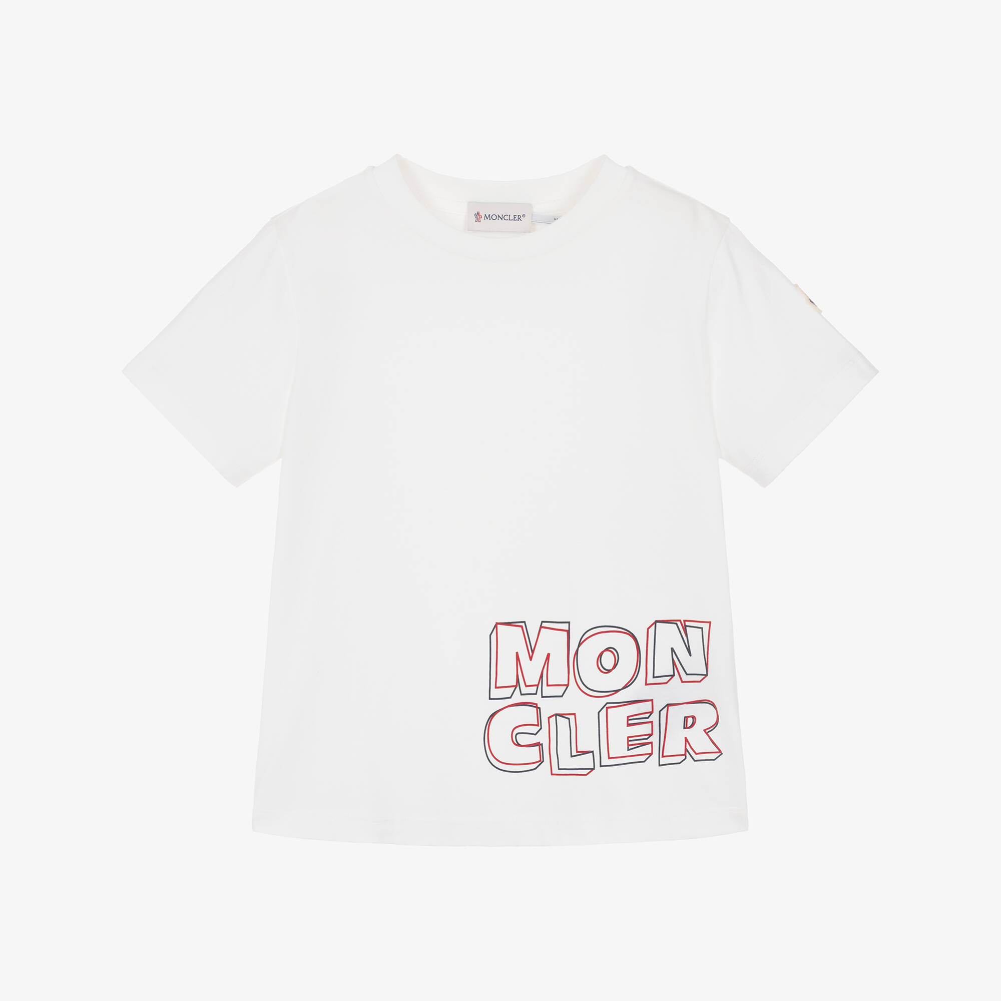 MONCLER Tシャツ　キッズ　　白　ハワイ島デザインプリント Moncler Enfant - Boys White Cotton T-Shirt with Red & Blue Logo
