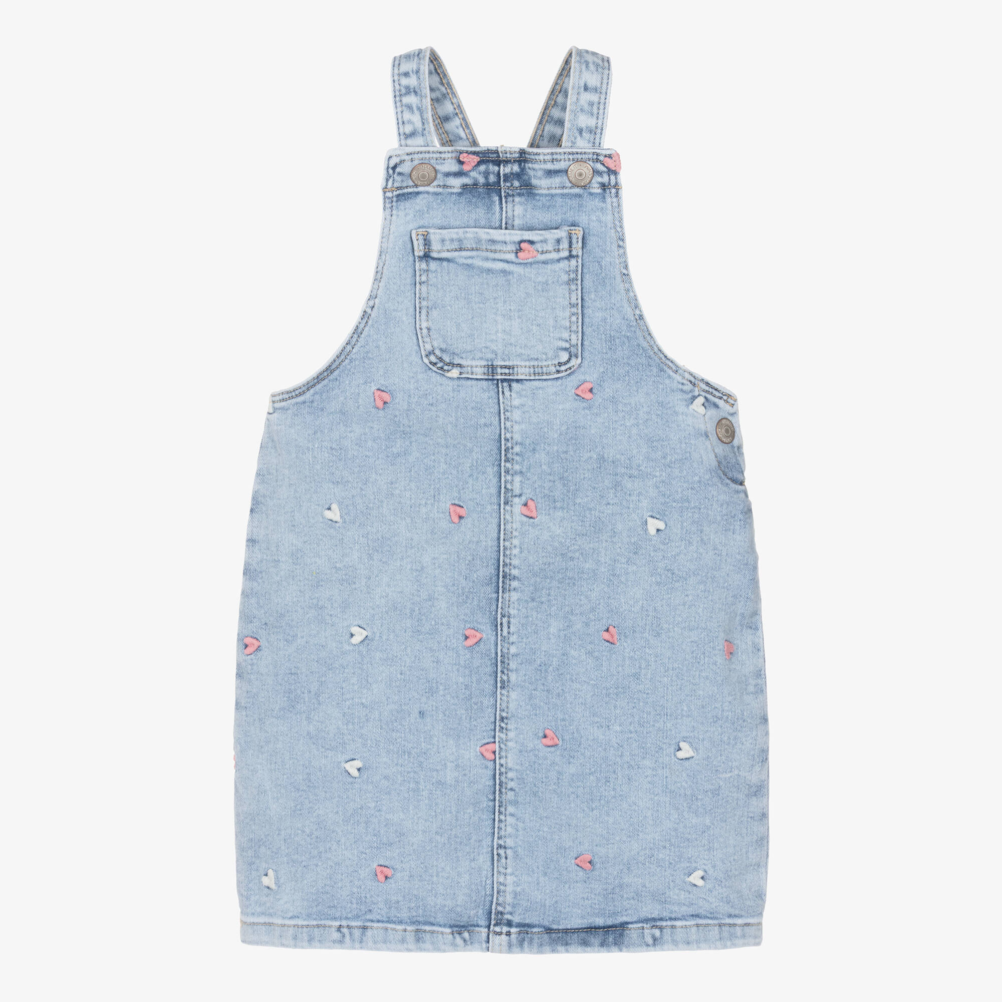 NAME IT Girls Blue Denim Pinafore Dress with Embroidered Hearts