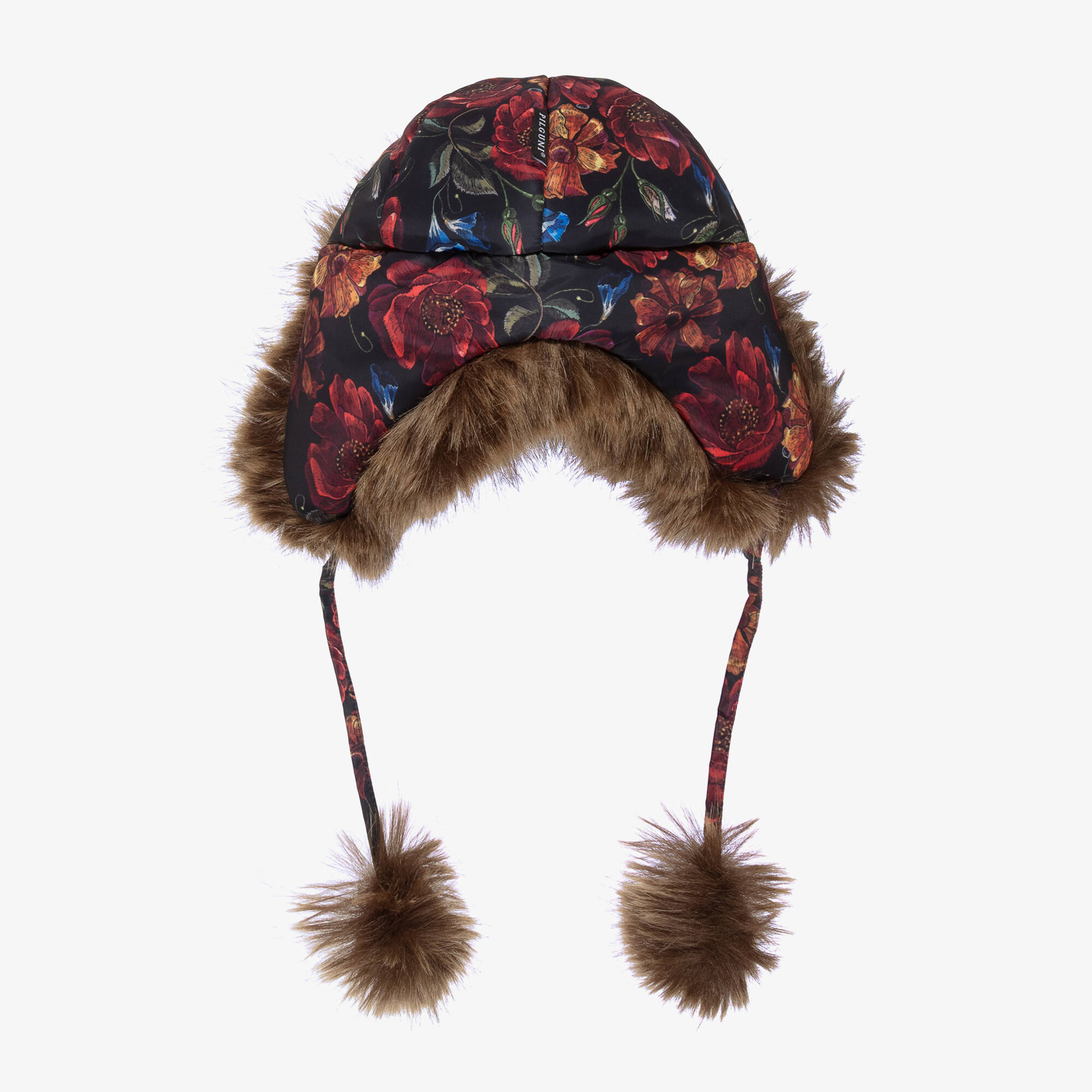 Pilguni - Girls Black Floral Print & Faux Fur Trapper Hat | Childrensalon