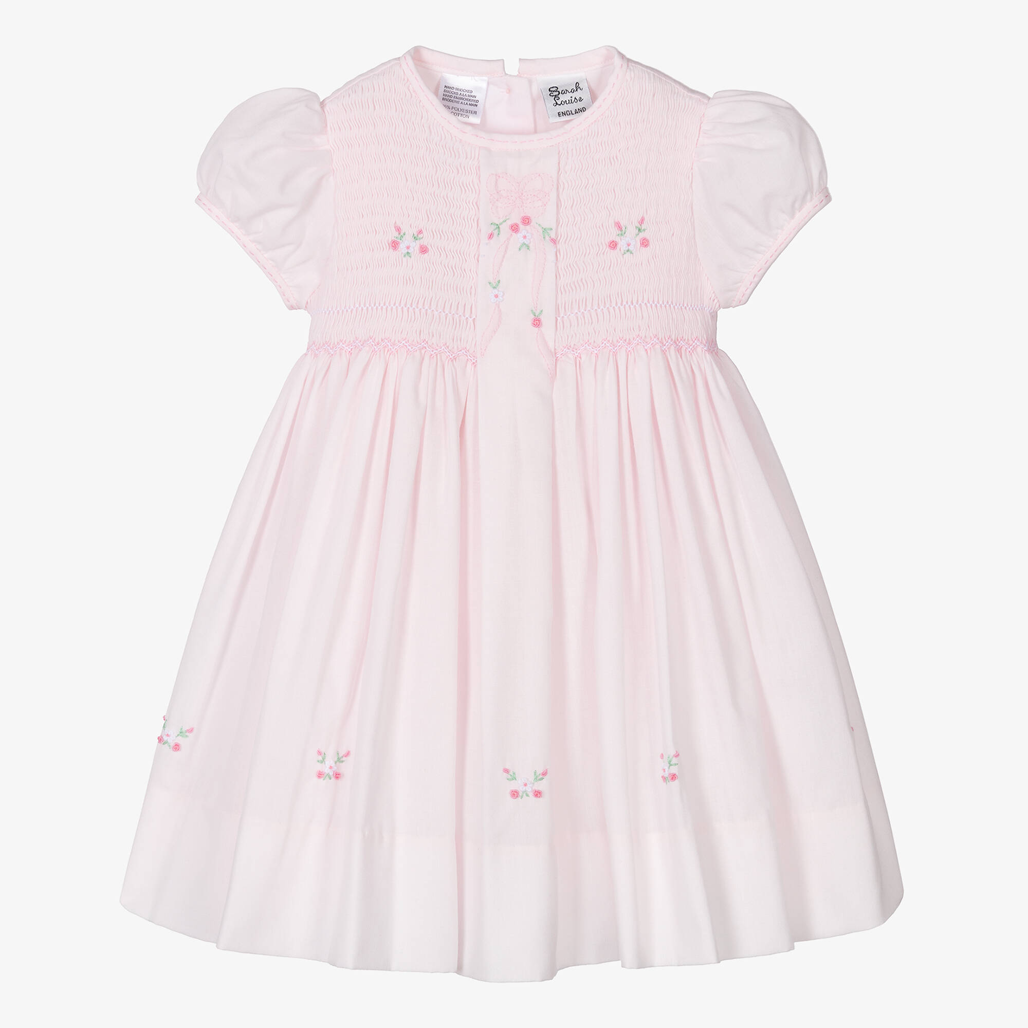 Sarah Louise - Baby Girls Pink Hand-Smocked Dress with Floral
