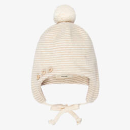 Beige Striped Knit Baby Pom-Pom Hat