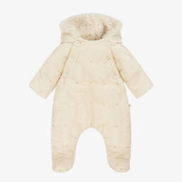 Ivory Padded Baby Snowsuit with Sherpa Hood