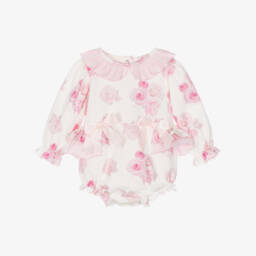 Baby Girls Ivory & Pink Rose Print Shortie